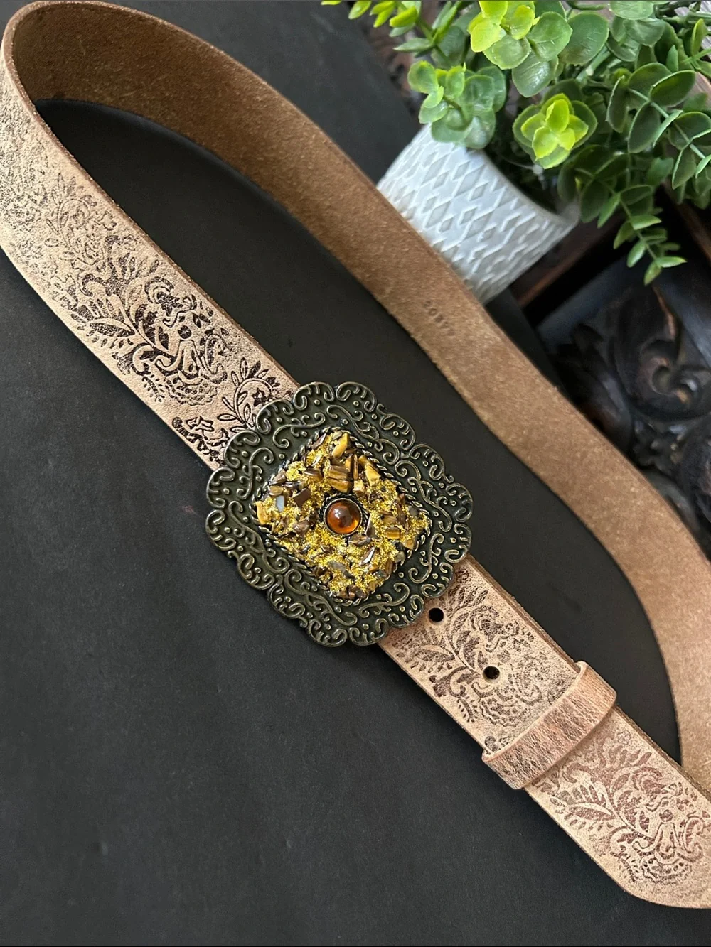 Tooled Tan Leather Belt with Ornate Amber Buckle